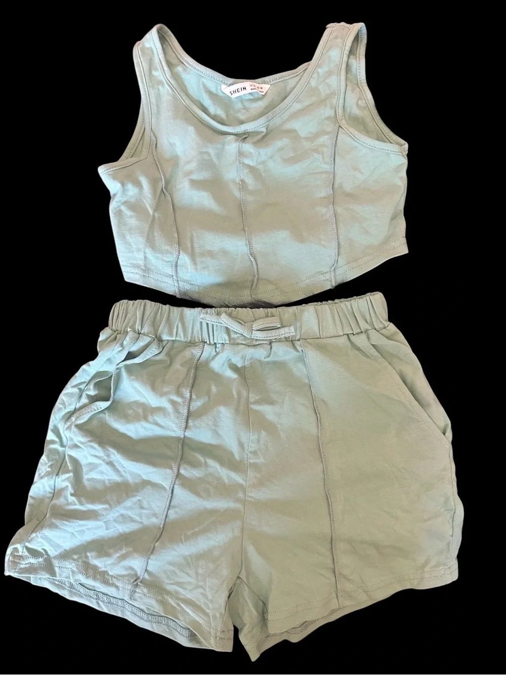 SHEIN kids Sage Green Ribbed Crop Tank & Elastic Waist Shorts Set